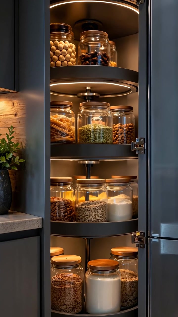 Una dispensa illuminata calorosamente rivela file di contenitori di vetro pieni di ingredienti assortiti conservati sugli scaffali, con cornice scura, composizione verticale e dettagli di stoccaggio della cucina puliti visibili.