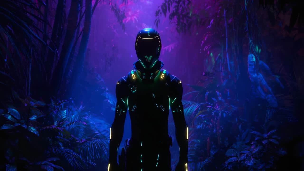 Futuristic Cyborg in Neon Forest