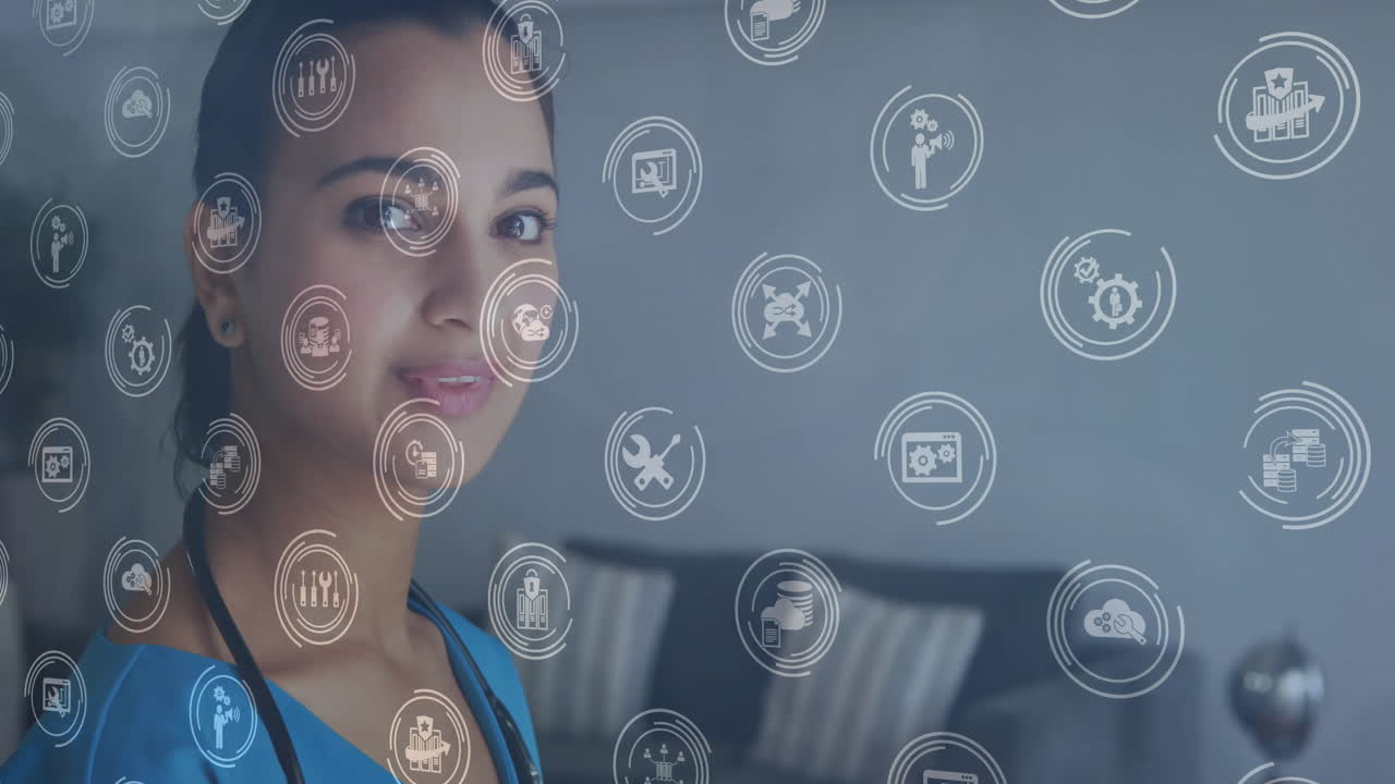 Medical icons and healthcare technology animation over nurse in blue scrubs