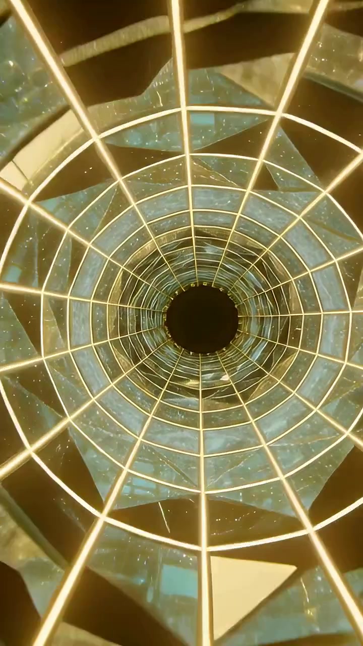 Video verticale: Telecamera che avanza lungo un tubo a specchio in uno spazio virtuale, rivelando un motivo a griglia dorata