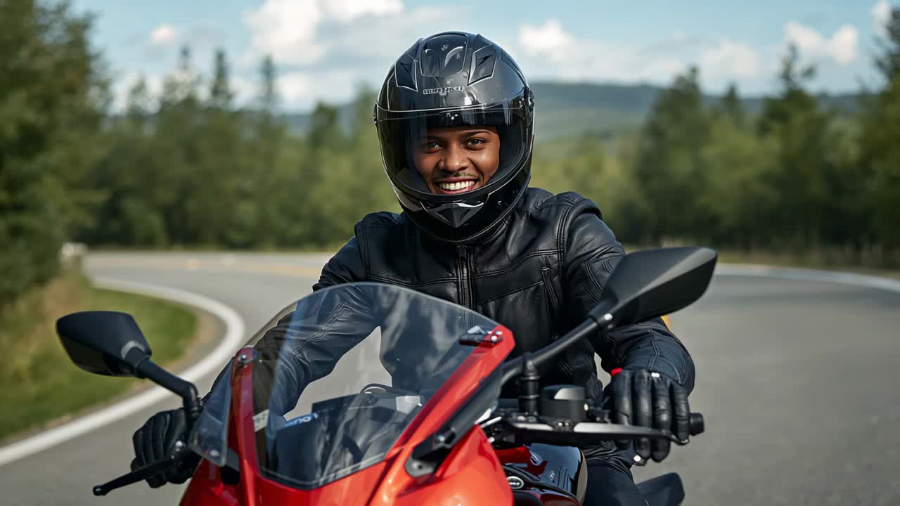 Riding man on red bike with black helmet, jacket approaching camera, maintaining lane on rural road