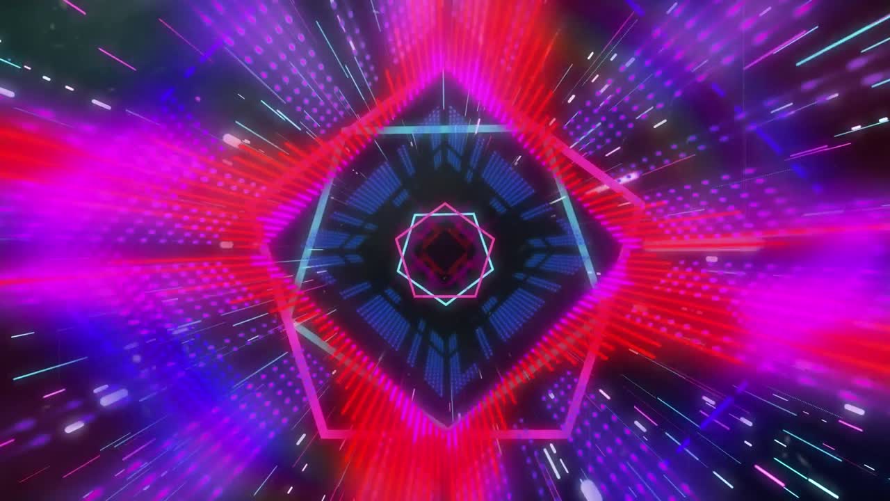 Animazione di forme al neon che si muovono su tunnel digitale