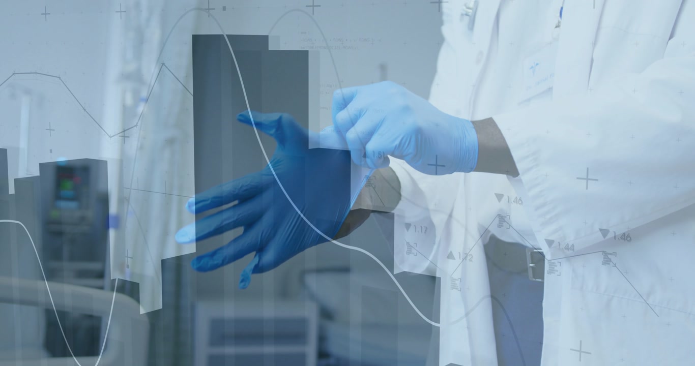 Medical professional putting on gloves and adjusting fit for exam as financial charts shifting
