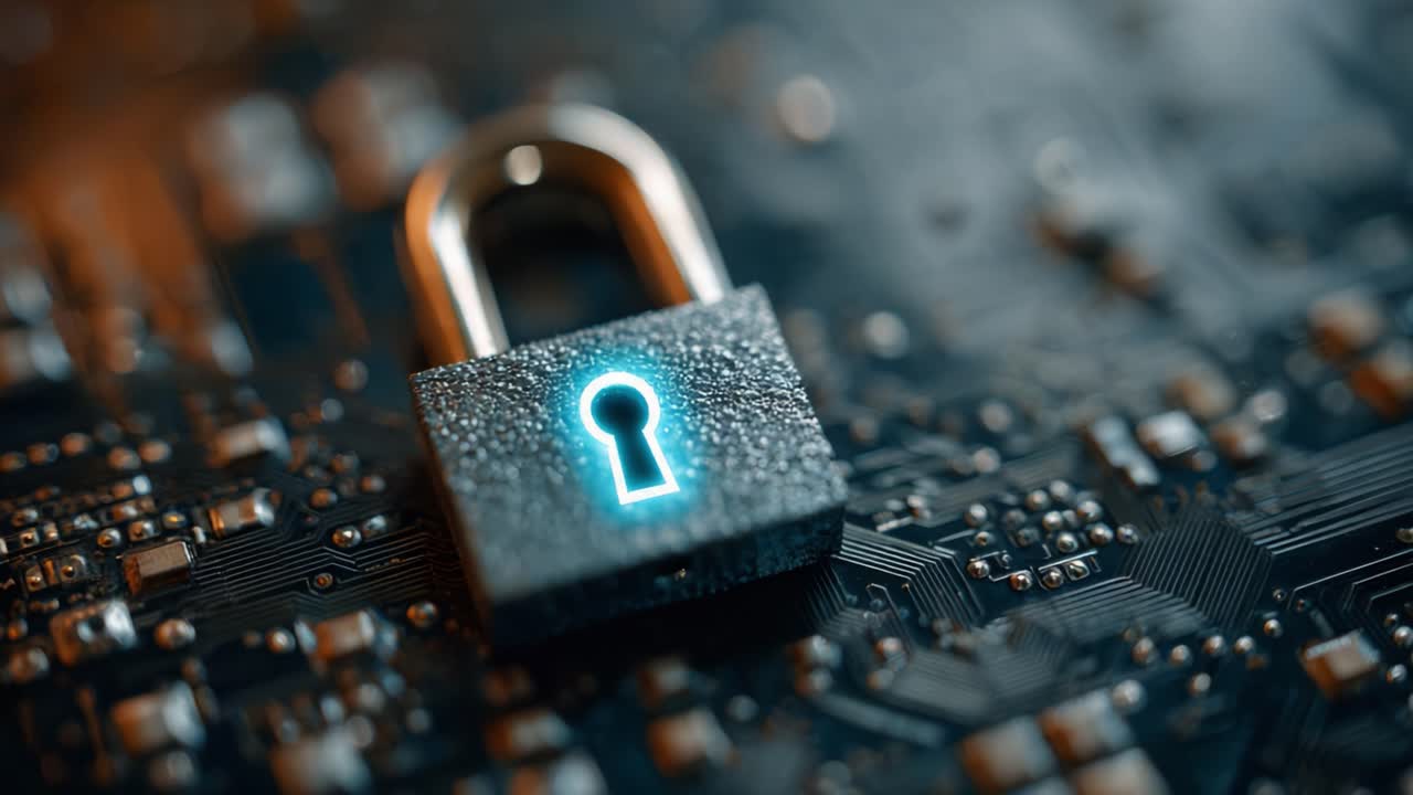 A Close-Up View of a Secure Lock on a Circuit Board, Symbolizing Data Protection and Cybersecurity in a Digital World