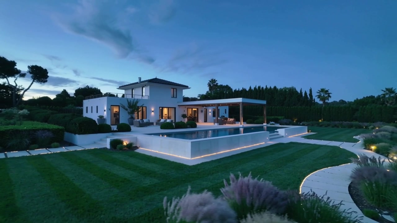 Telecamera che scorre rivelando una moderna villa a due piani e una piscina illuminata al tramonto, mettendo in mostra le caratteristiche della proprietà