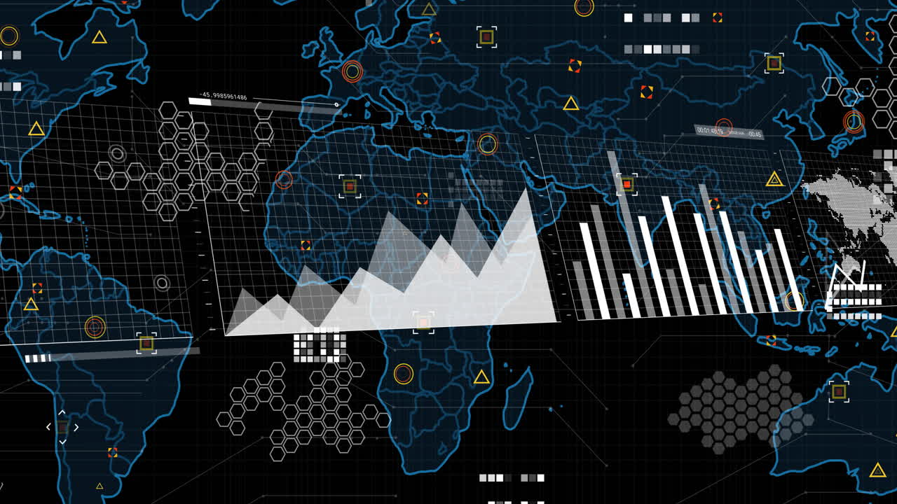 Animation of financial data processing over world map