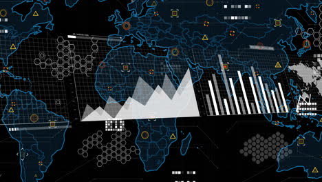 animación del procesamiento de datos financieros sobre el mapa del mundo