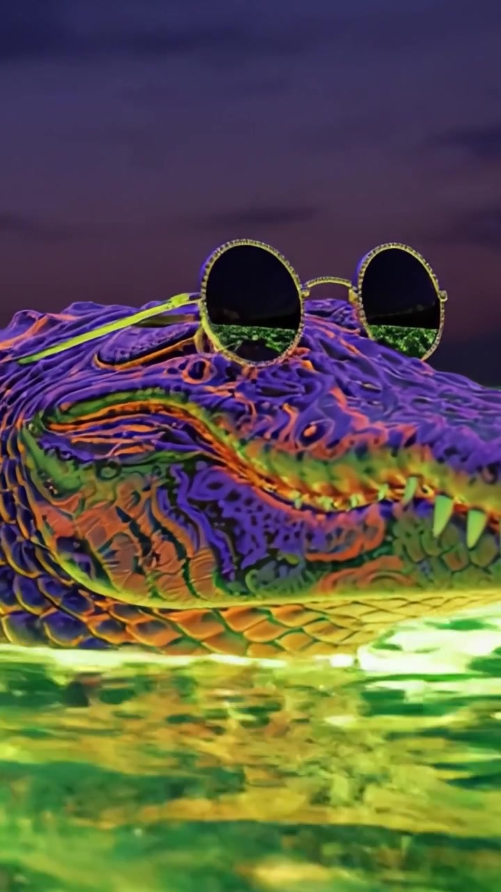An Enigmatic Crocodile with Stylish Sunglasses Swimming Gracefully Through Vibrant Neon Waters at Dusk, Creating a Mesmerizing Visual Experience.