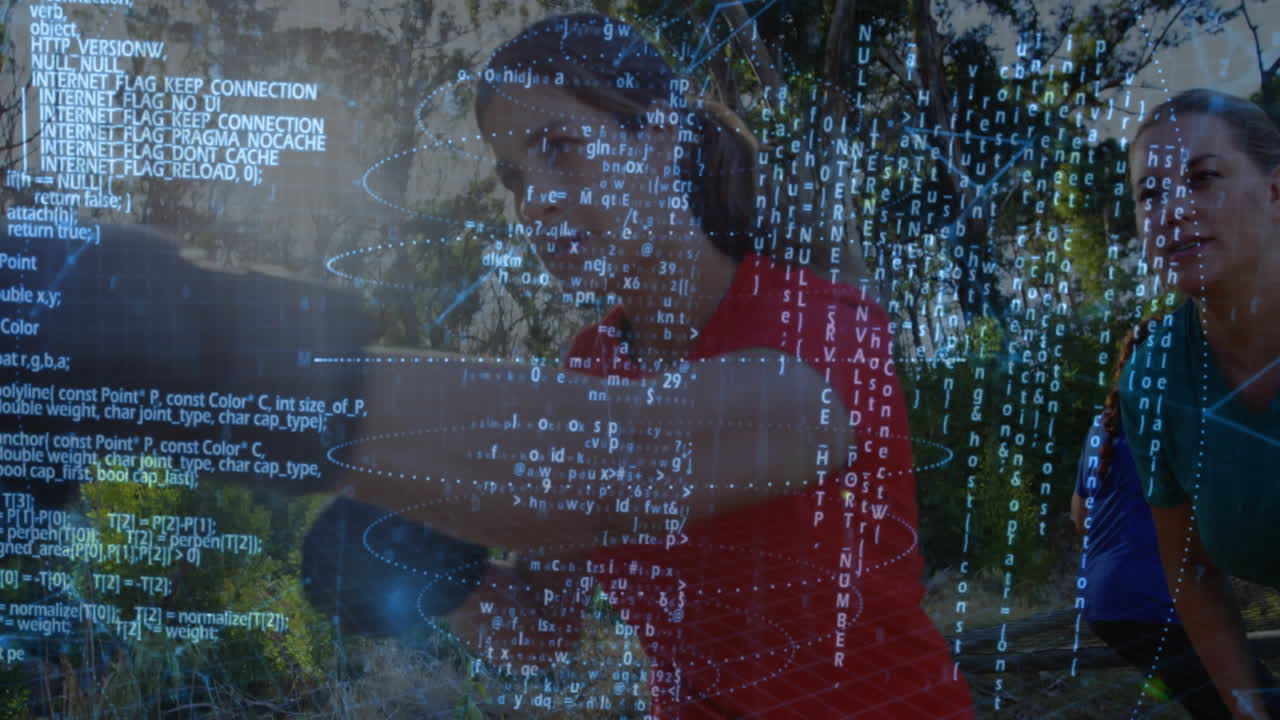Three women hikers walking forest trail, using smartphone with floating code overlay in technology