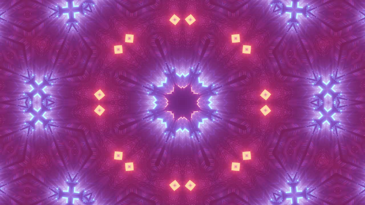 Caleidoscopio illuminato con motivo a stella simmetrico, grafica animata 3D.