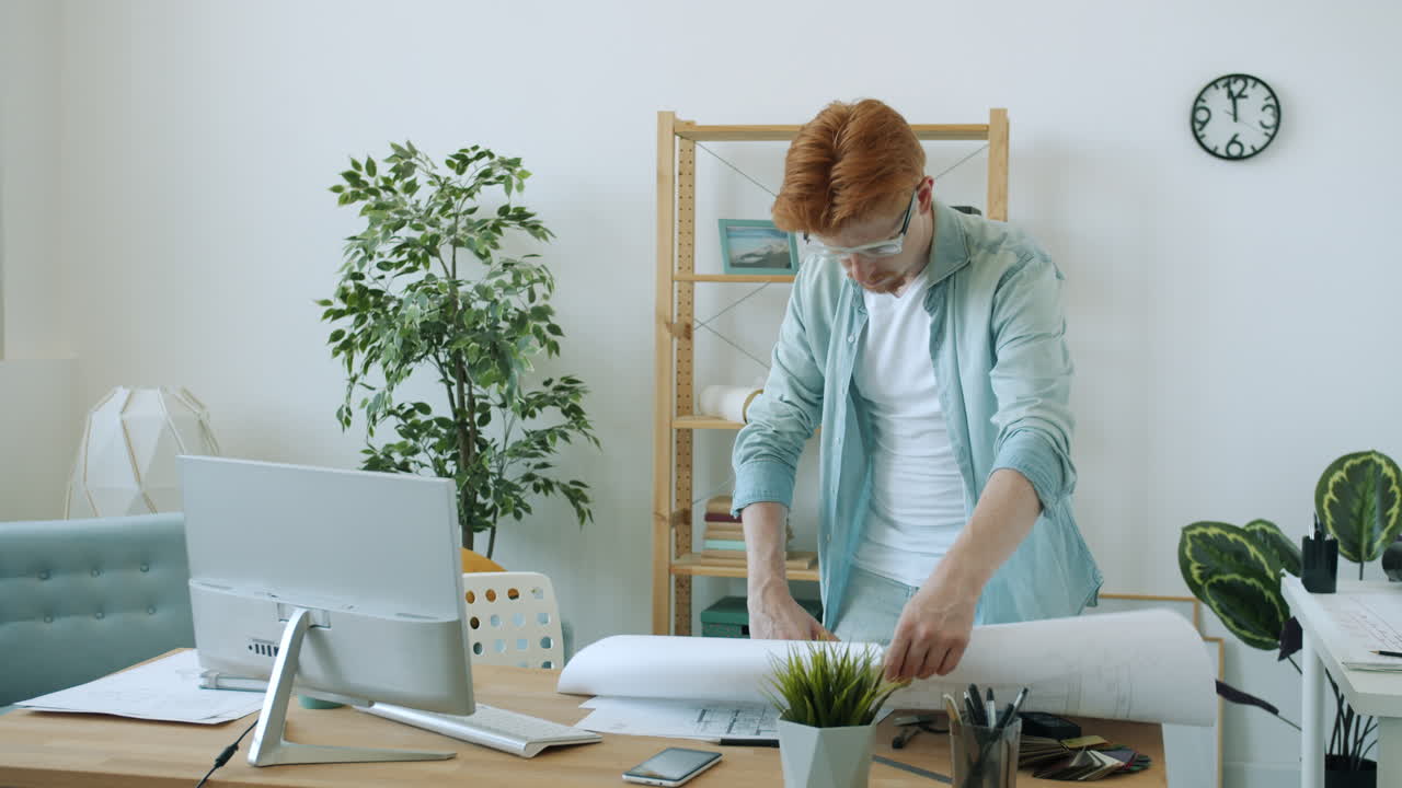 Architect working on blueprints in a home office.