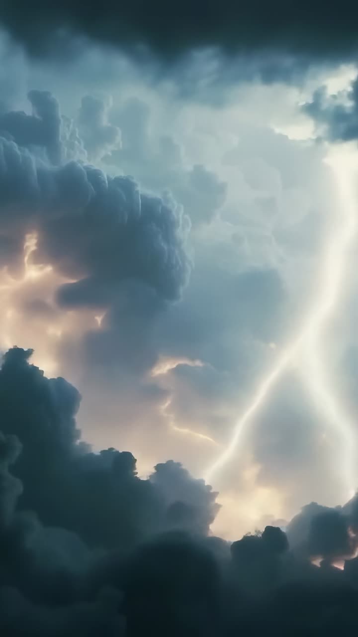 Vertical video: Flickering glow igniting lightning slashing through cumulonimbus clouds in dark sky
