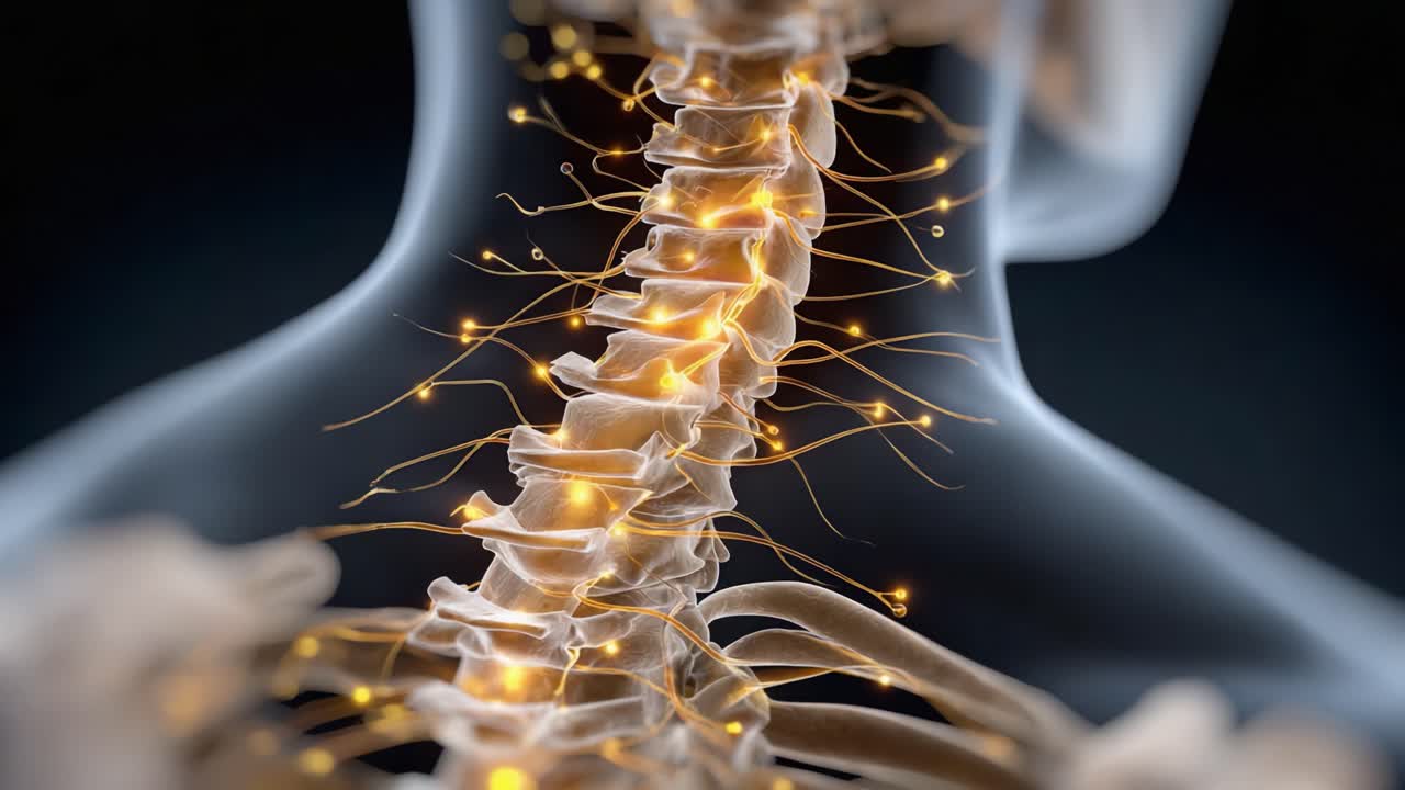 Complessa visualizzazione della colonna vertebrale e del sistema nervoso umano, che evidenzia le connessioni neurali e la struttura vertebrale con straordinaria ricchezza di dettagli