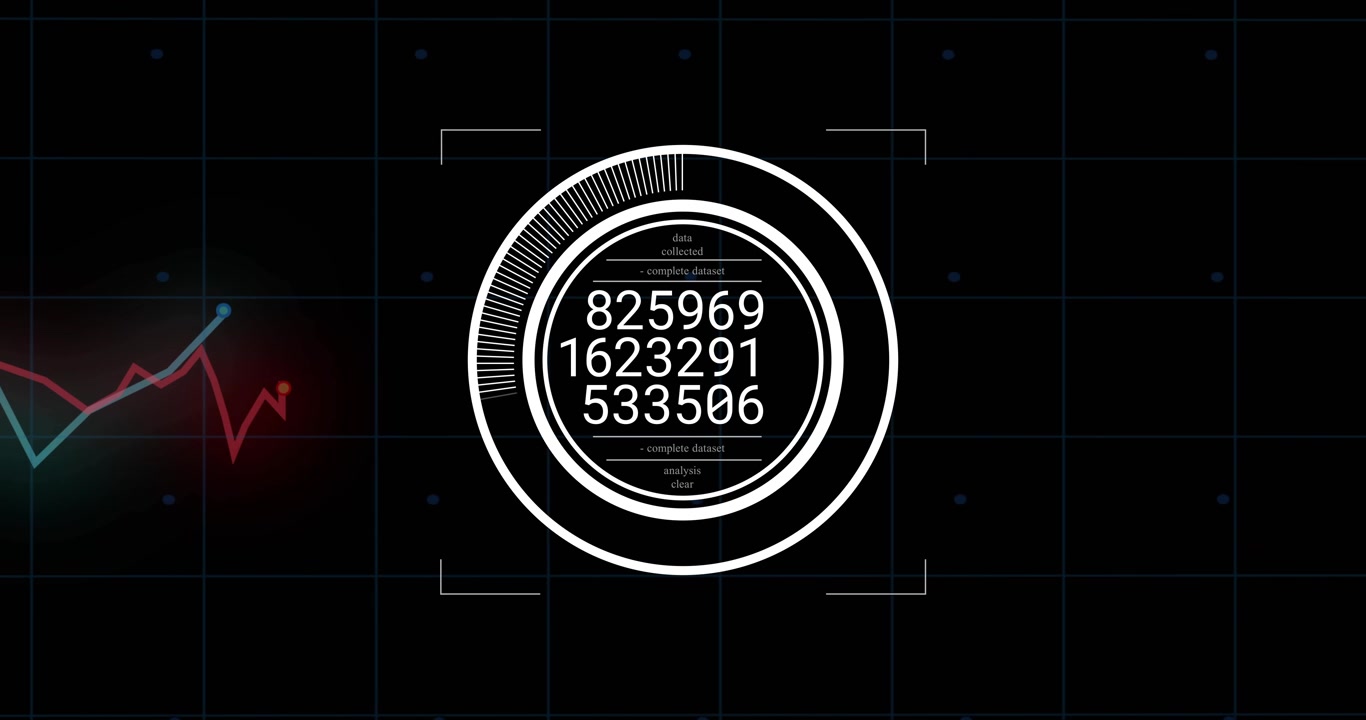 Concentric HUD appearing on grid, ring rotating, readouts cycling, charts shifting, showing metrics