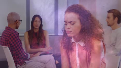 composite video of thunderstorm in dark sky against stressed african american woman at office