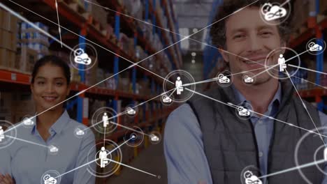 Animation-of-network-of-connections-with-icons-over-happy-diverse-warehouse-workers