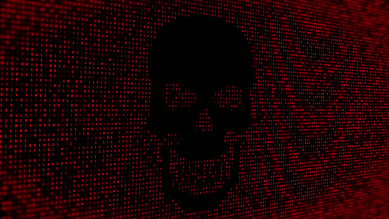 Hacking attack message pirate skull 4k computer virus attack cyber security malware crime spying