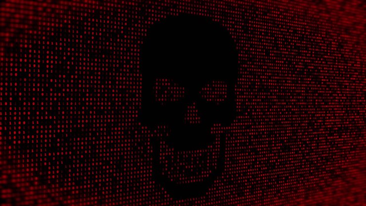Hacking attack message pirate skull 4k computer virus attack cyber security malware crime spying
