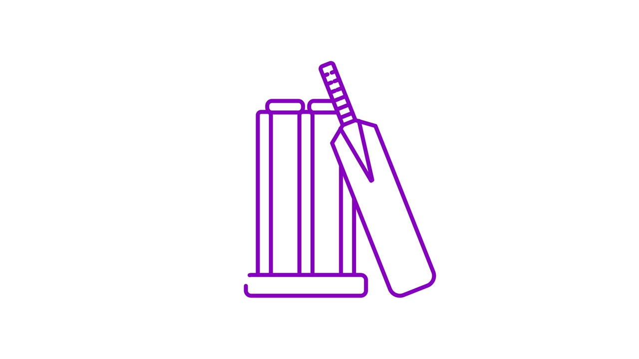 Animazione in line art di wicket, mazza e palla da cricket