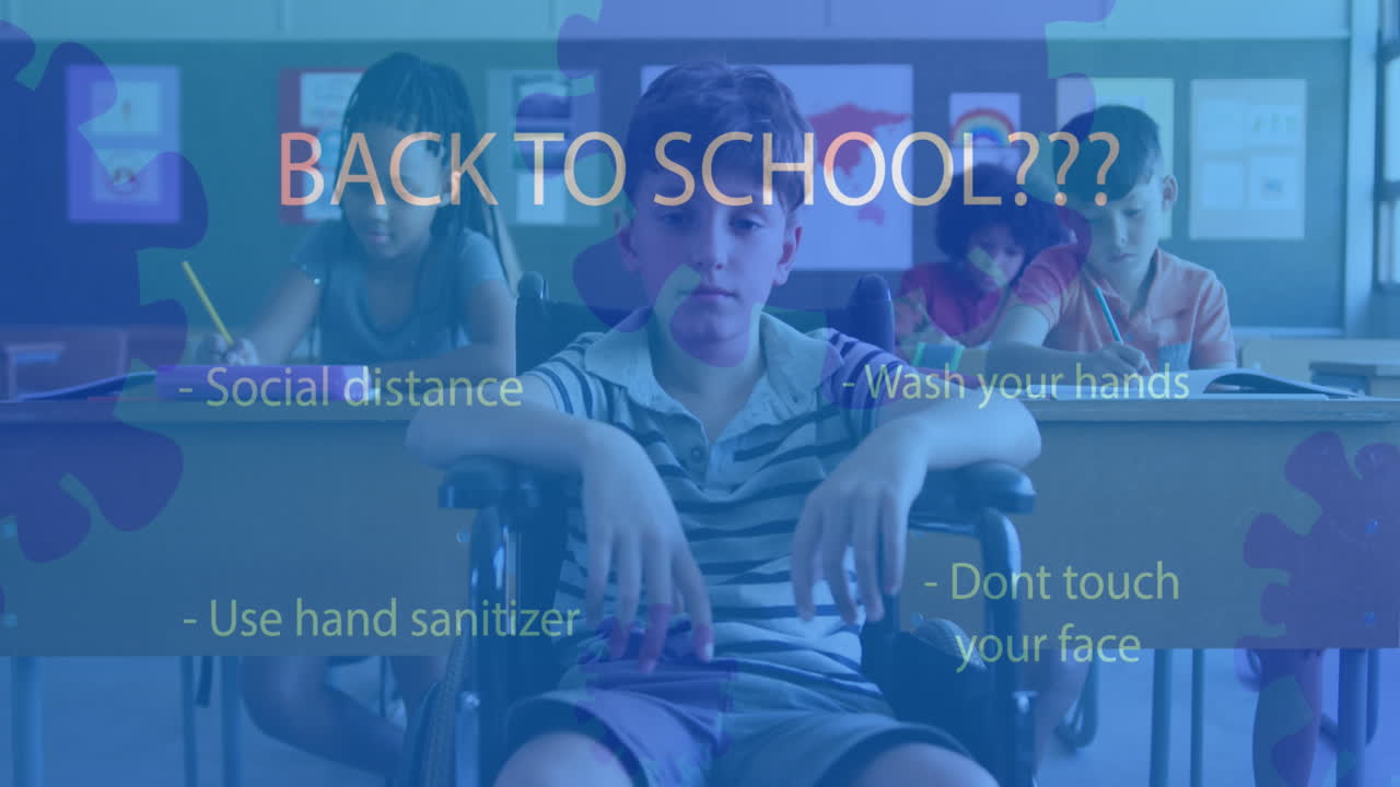 학교로 돌아와 학교에서  ⁇ 체어에 앉아 있는 장애인 소년에 대한 코로나 19 개념 텍스트