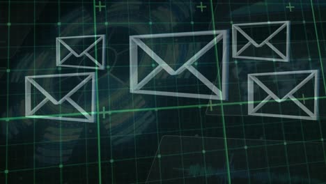 animation of digital envelopes over screens and grid background