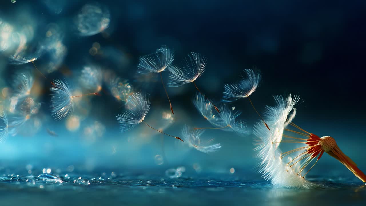 Captivating Macro Shot of Dandelion Seeds Floating Gracefully Through the Air, Illuminated by Soft Light, Creating an Enchanting Moment of Nature's Delicate Beauty