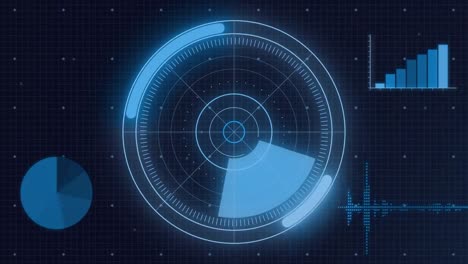 Animation-Des-Radars-In-Ladekreisen-über-Mehreren-Diagrammen-Und-Computersprache-Auf-Schwarzem-Hintergrund