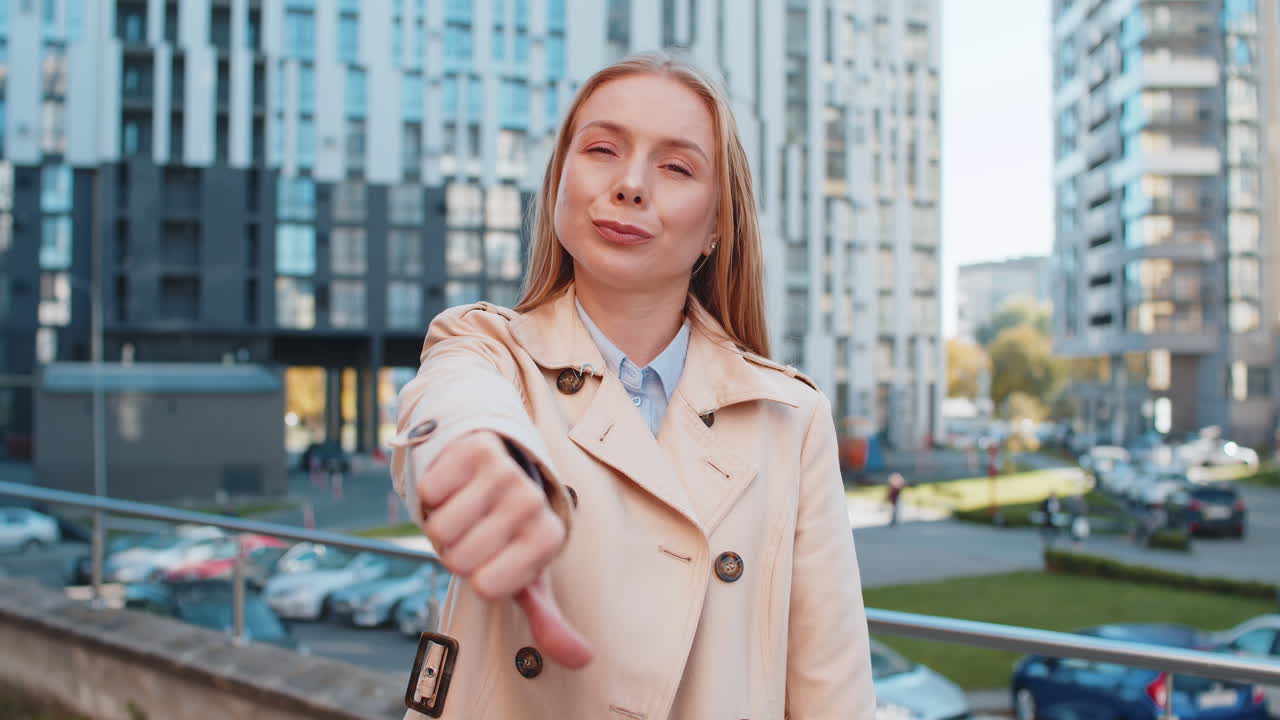Upset mature caucasian woman showing thumb down expressing discontent on downtown city street