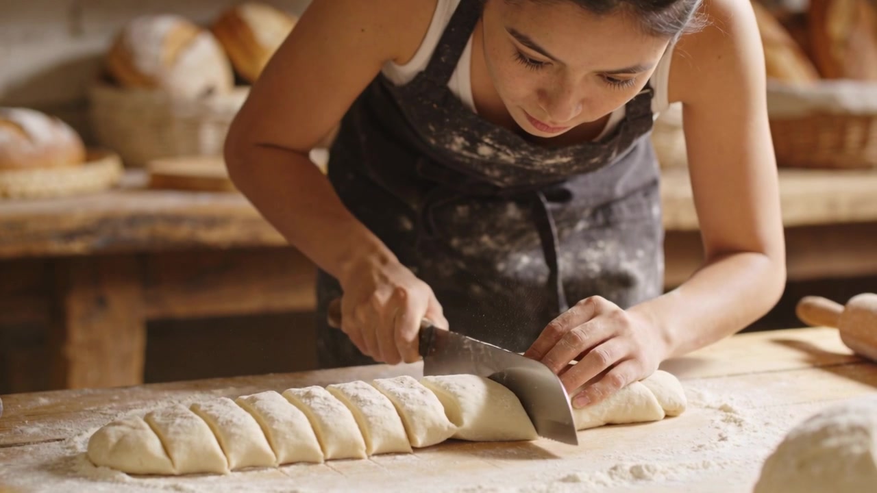 Leaning baker in apron steadying dough, using bench scraper scoring log for baking at floured table