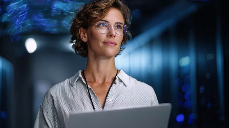 A thoughtful woman with glasses contemplating while using a laptop, surrounded by advanced technology in a dimly lit data center environment