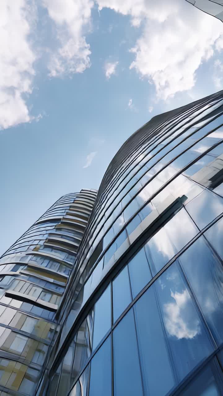 Una impresionante vista de arquitectura moderna con fachadas de cristal y estructuras curvas bajo un cielo dinámico con nubes reflejadas y luz natural