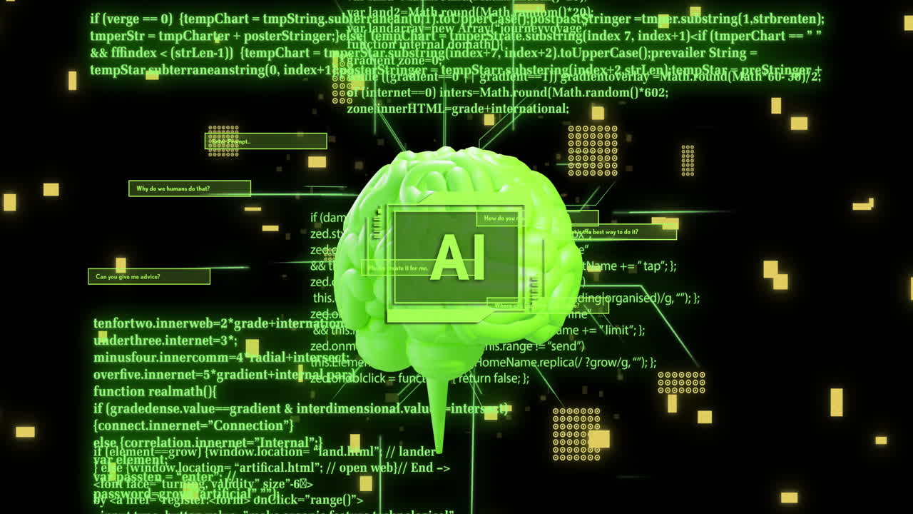 animación de texto ai, cerebro humano y procesamiento de datos digitales sobre fondo negro