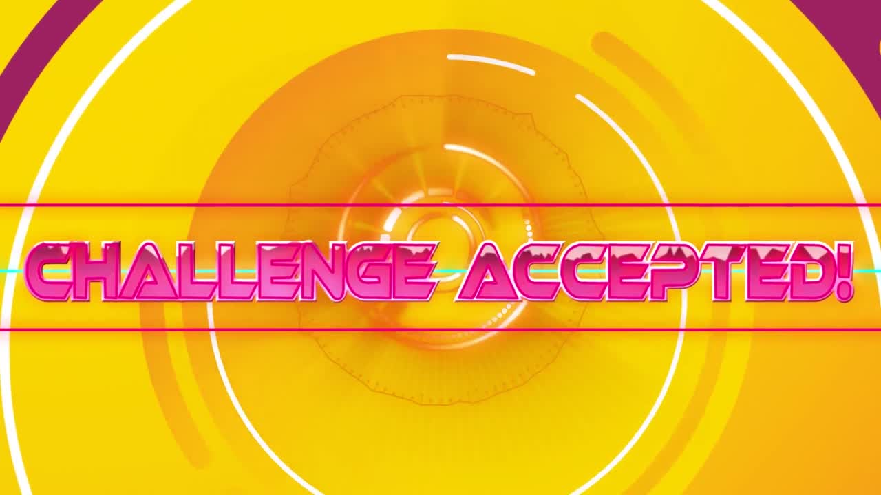 animación del texto aceptado del desafío sobre un círculo amarillo de fondo con patrón de neón