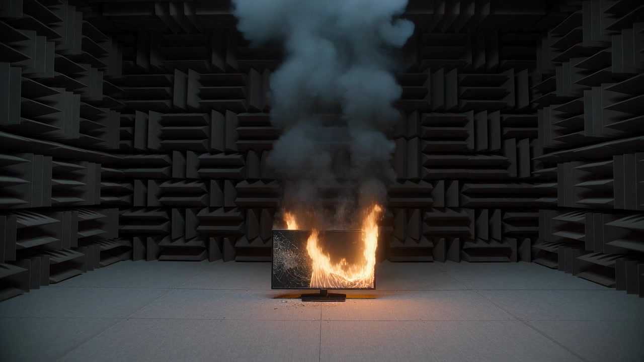 Flammes naissantes en bas d'un écran plat, émettant une haute fumée sombre dans une chambre tapissée de mousse.