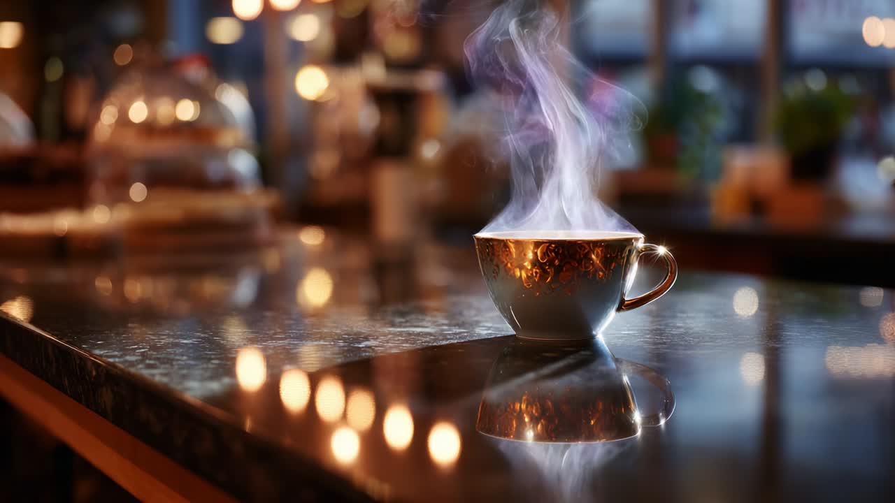 A Serene Moment Captured: A Steaming Cup of Coffee Emitting Gentle Vapor on a Polished Surface Surrounded by a Warm, Inviting Cafe Atmosphere with Blurred Lights in the Background