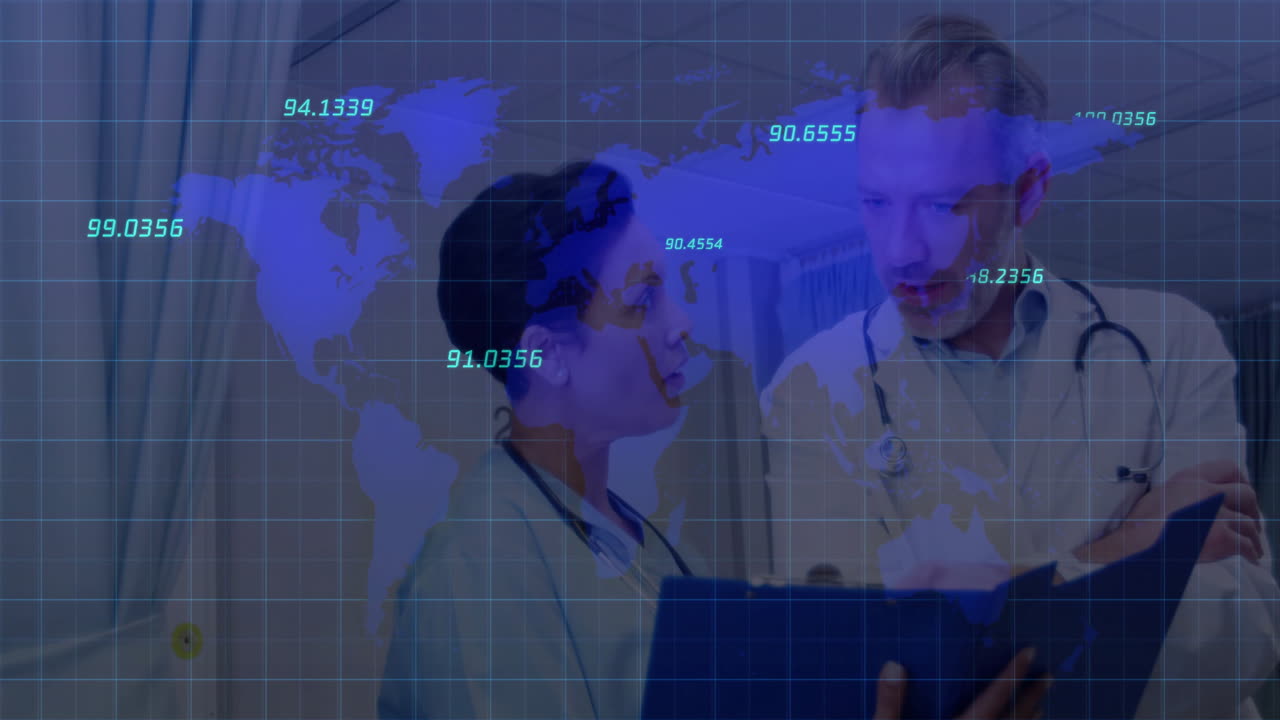 two medical professionals reviewing notes in hospital viewing digital world map data
