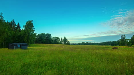 Fluffy-Clouds-Rolling-Over-Countryside-With-Isolated-Thermal-Wood-On-Sunrise-Till-Sunset