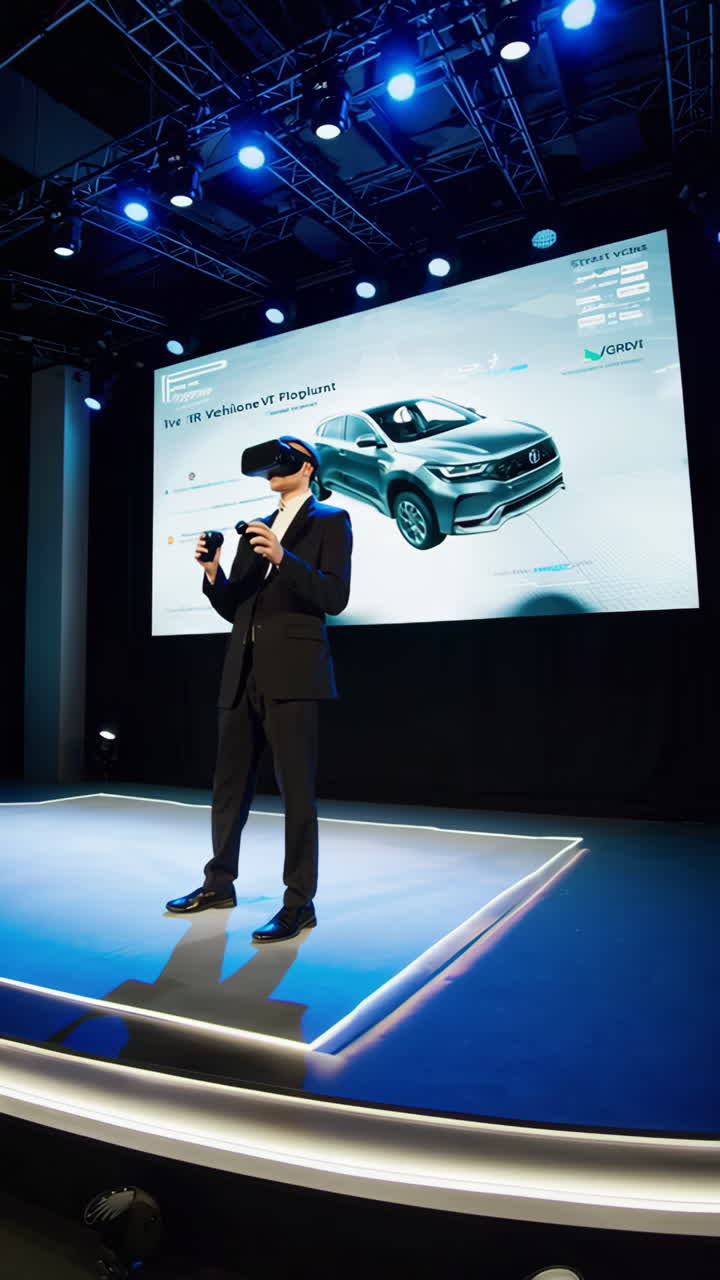 Man interacting with virtual car model on large screen using VR technology at a presentation