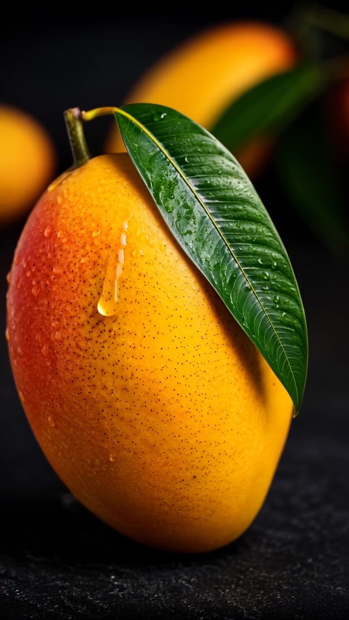 Una vista ravvicinata segue una gocciolina scintillante che si muove verso il basso sulla buccia testurizzata di un mango, mentre una foglia verde bagnata poggia sopra, incorniciata verticalmente con frutta calda leggermente sfocata sullo sfondo.