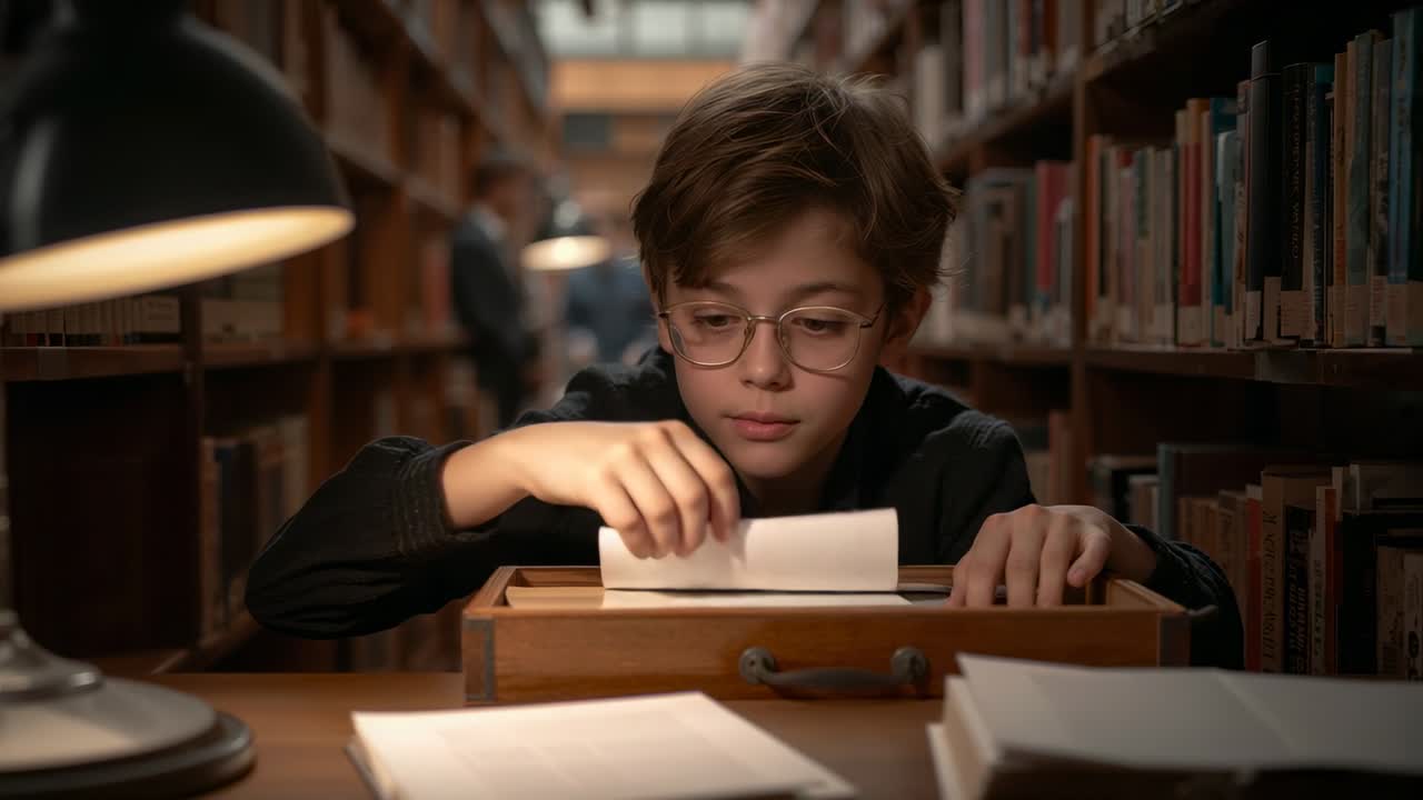 Leaning teen longsleeve shirt pulling studying and storing papers from box at library table by lamp