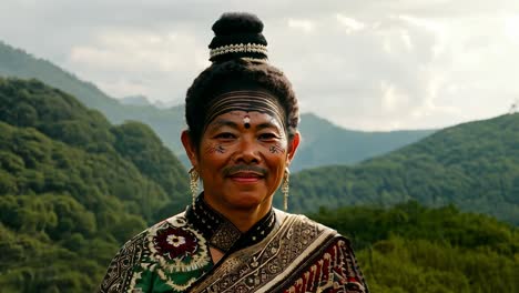 portrait of a smiling woman wearing traditional clothing and jewelry, with mountains in the background