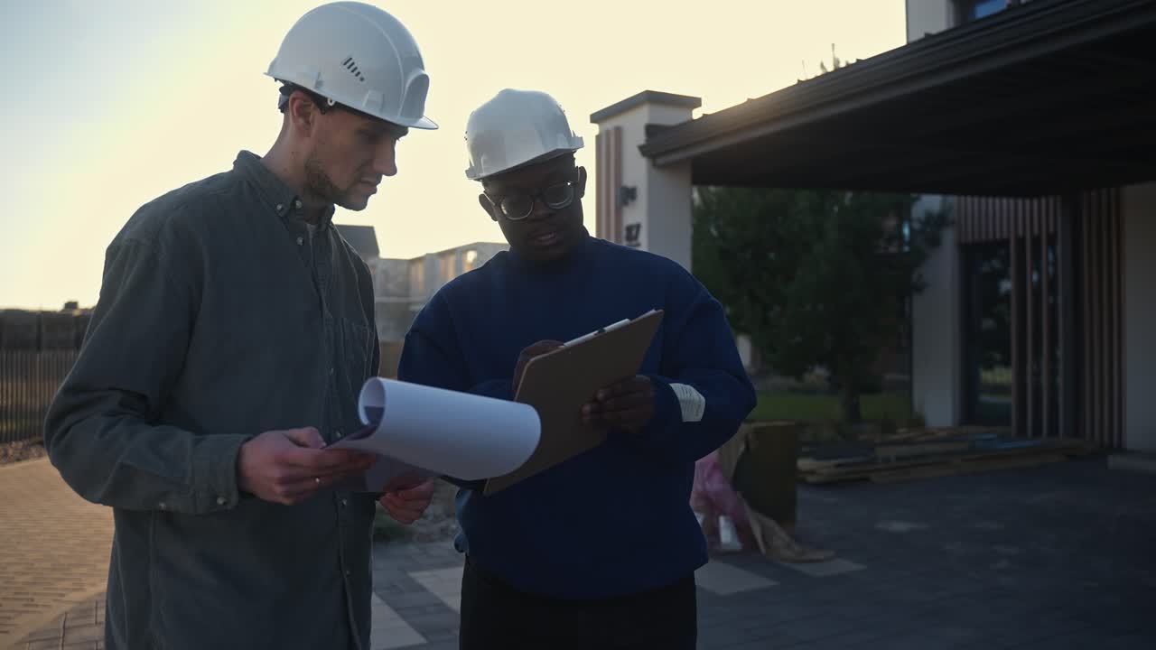 Construction workers reviewing plans on site