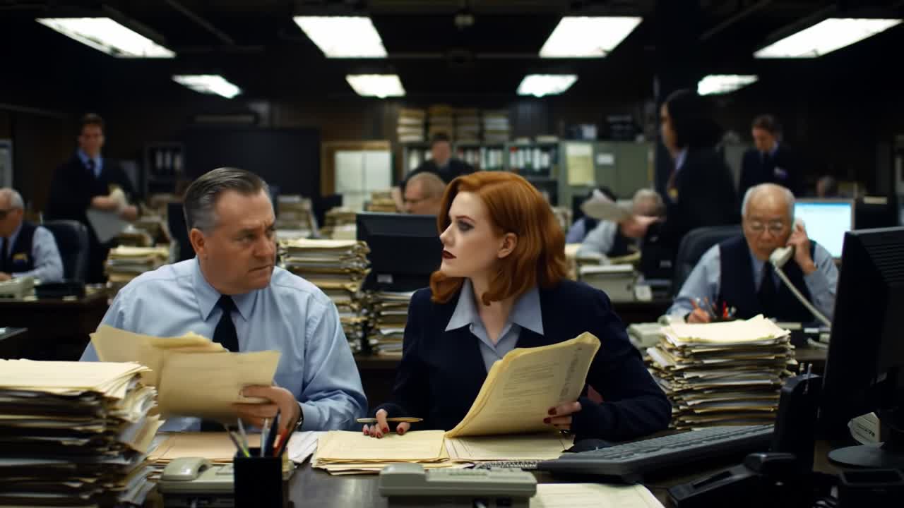In a bustling law office, professionals are focused on reviewing case files and documents. The atmosphere is intense as they tackle a heavy workload in a cluttered setting.