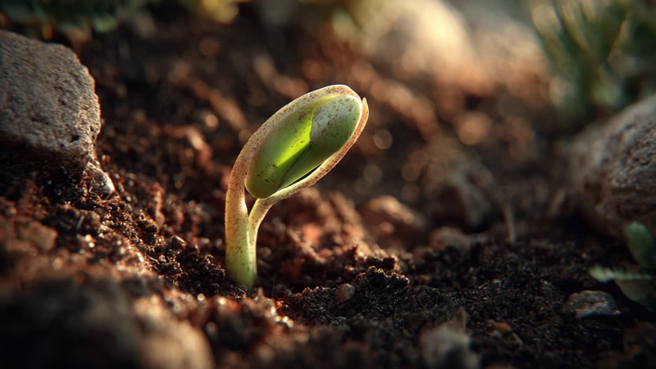 Emerging Seedling: A Close-Up Look at the Birth of New Life from Soil, Capturing the Beauty and Fragility of Nature's Growth Process in the Early Morning Light