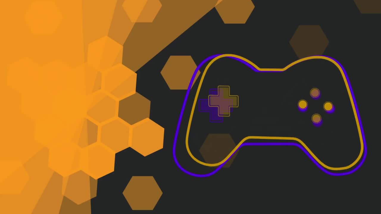 animación del logotipo del videojuego amarillo y púrpura