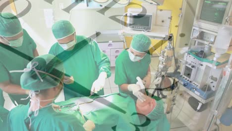 Animation-of-ticking-clock-against-team-of-diverse-surgeons-performing-surgery-at-hospital