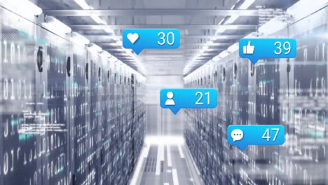 animation of social media notification icons floating above servers in data center