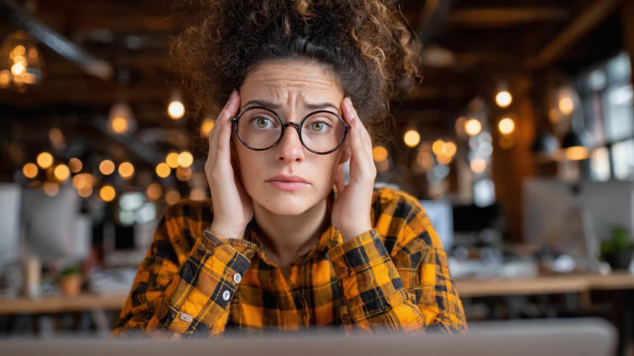 A Young Woman in a Cozy Office Setting Displays Signs of Stress and Anxiety While Struggling with Work or Personal Challenges, Seeking Solutions with Concerned Expressions
