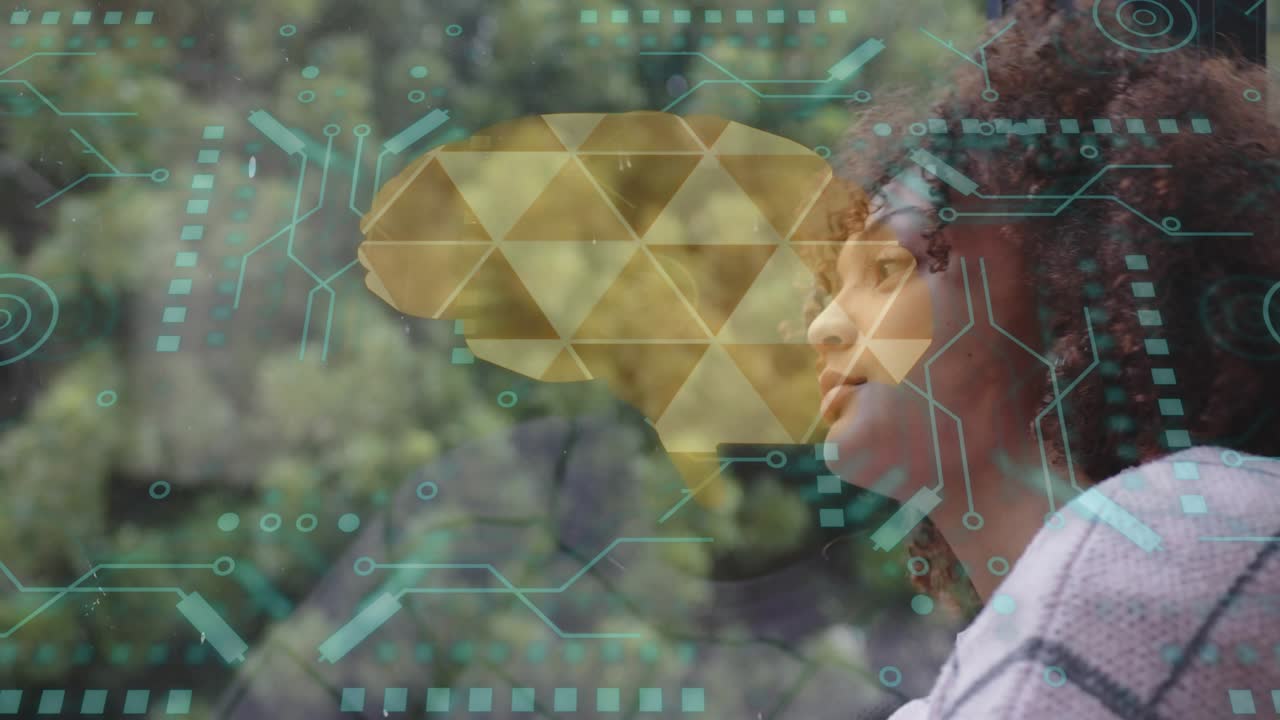 Woman tilting, shifting gaze in park, activating golden brain and teal HUD overlays for tech demo