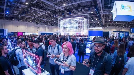 a thriving crowd engages with cutting-edge technology at a high-tech exhibition, showcasing the future of interactive experiences and innovation